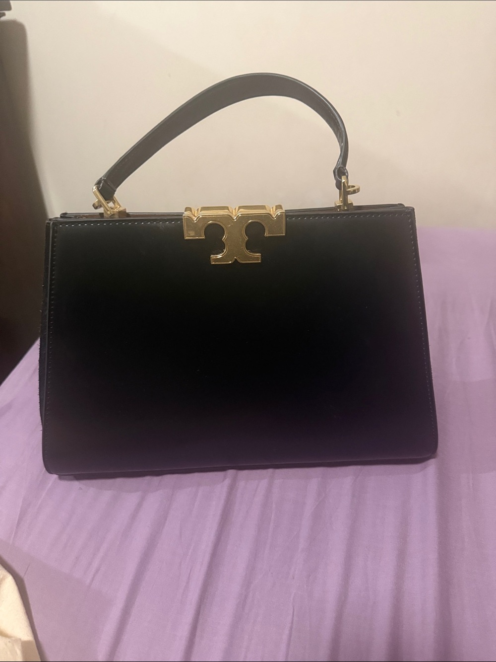 Tory Burch Black Leather Top-Handle Satchel with Gold Logo Hardware